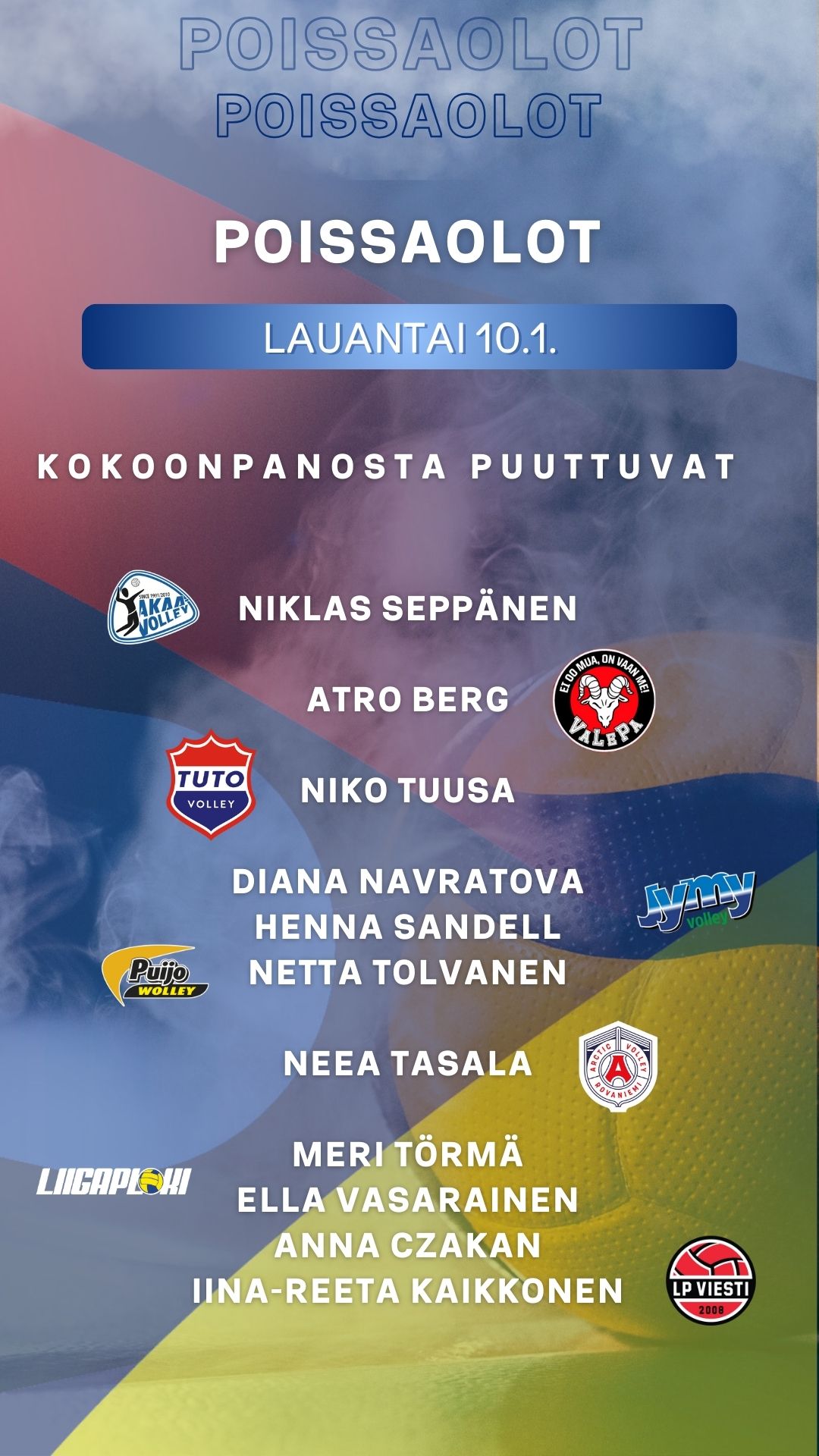 POISSAOLOT: Lauantaina poissa mm. Berg, Seppänen, Czakan, Navratova