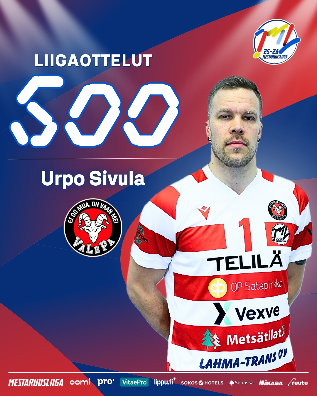 Urpo Sivulalle torstaina 500. liigaottelu