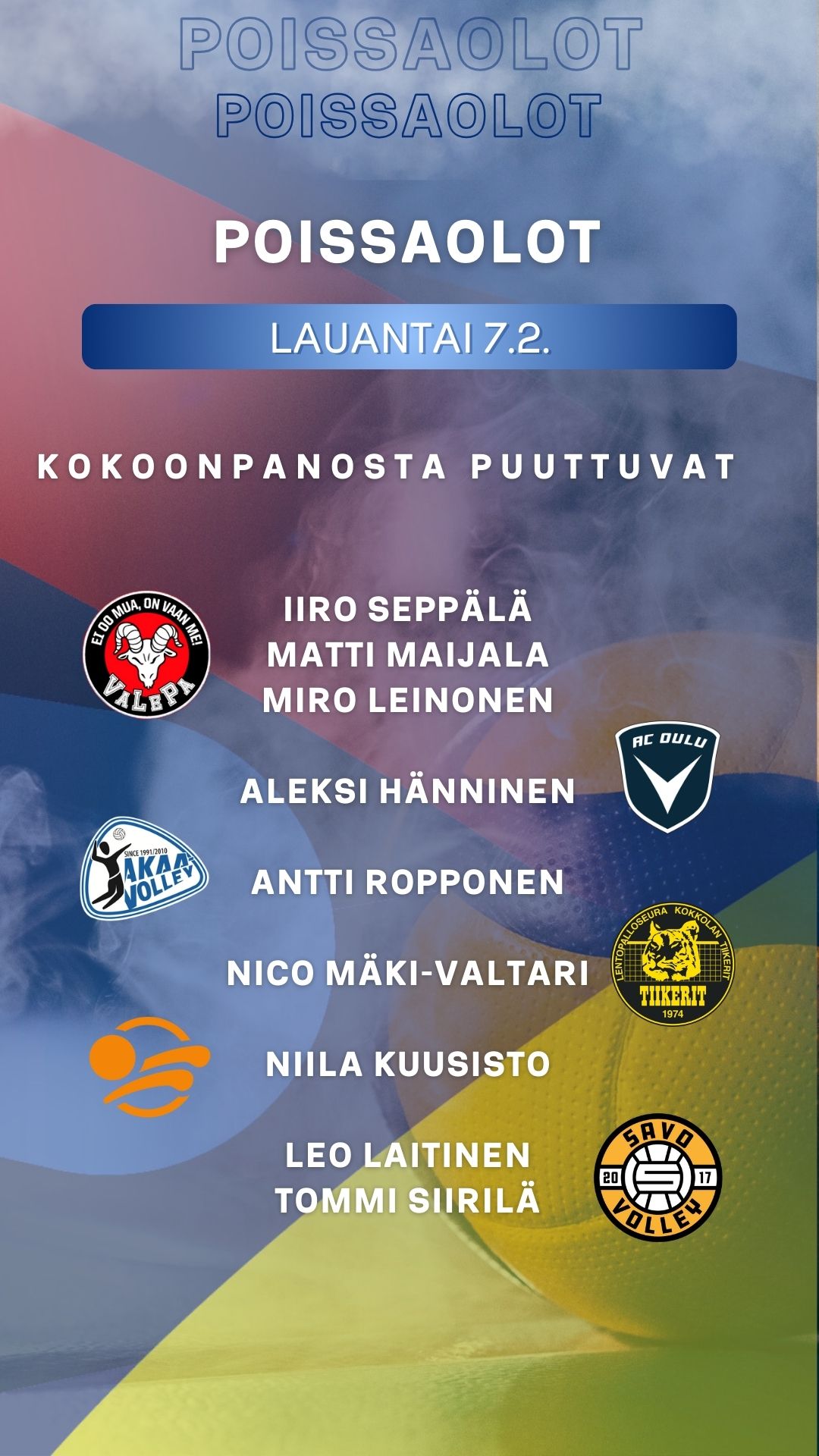 POISSAOLOT 7.2.: Paljon poissaoloja lauantain 6 pelin illasta
