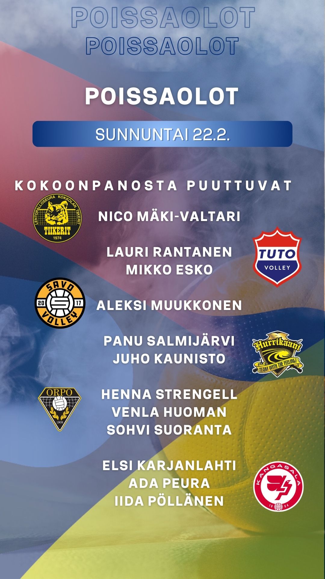 POISSAOLOT 22.2.: Esko, Muukkonen, Salmijärvi….