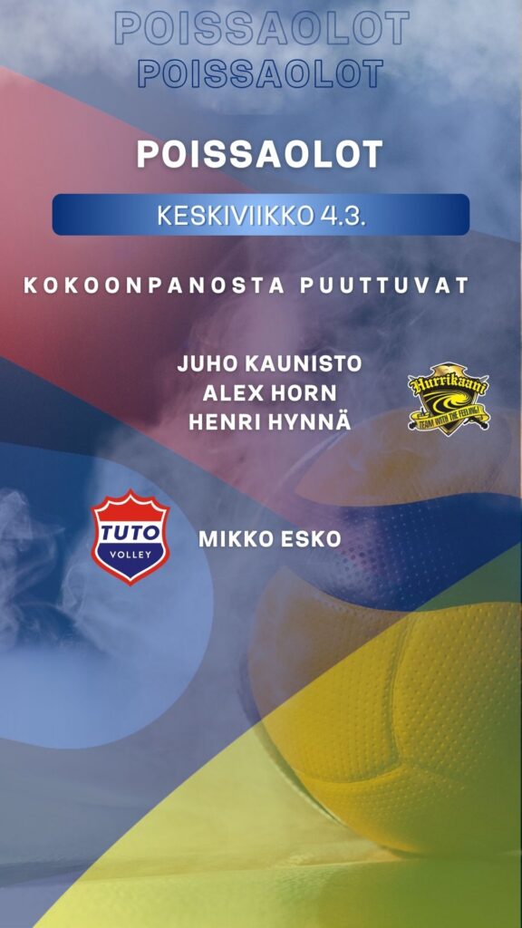 POISSAOLOT 4.3.: Esko edelleen poissa TUTO:n kokoonpanosta