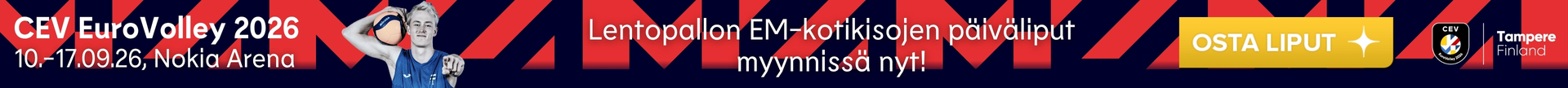 Mainos: Lentopallon EM-kilpailut 10.–17.9.2026 Nokia Arena, Tampere. Klikkaamalla banneria siirryt lipunmyyntisivulle.
